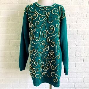 Vintage Victoria Jones 90's Sweater Large Embellished Tunic knit Green Jumper